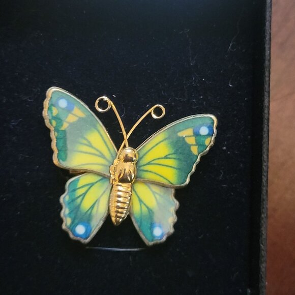 Ronté Genuine Goldtone Butterfly Pin With Vibrant Green & Yellow Enamel Finish I - Picture 3 of 5